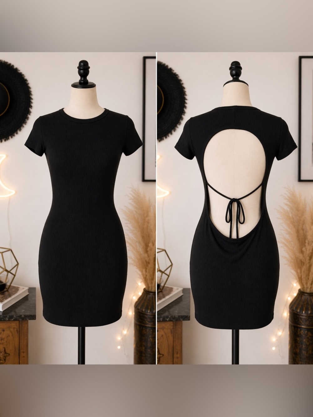 Heart & Hips Black Ribbed Open-Back Bodycon Dress Size M